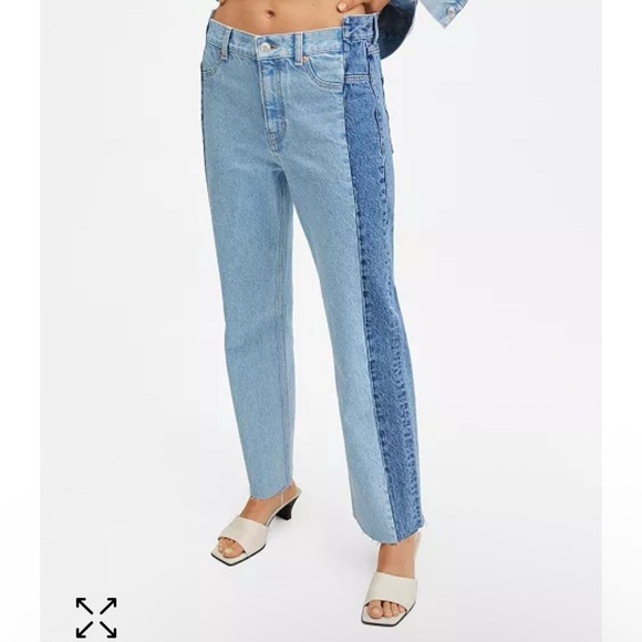 Mango Blue block color Straight Leg Jeans with Asymmetrical Design 2 - Picture 1 of 8